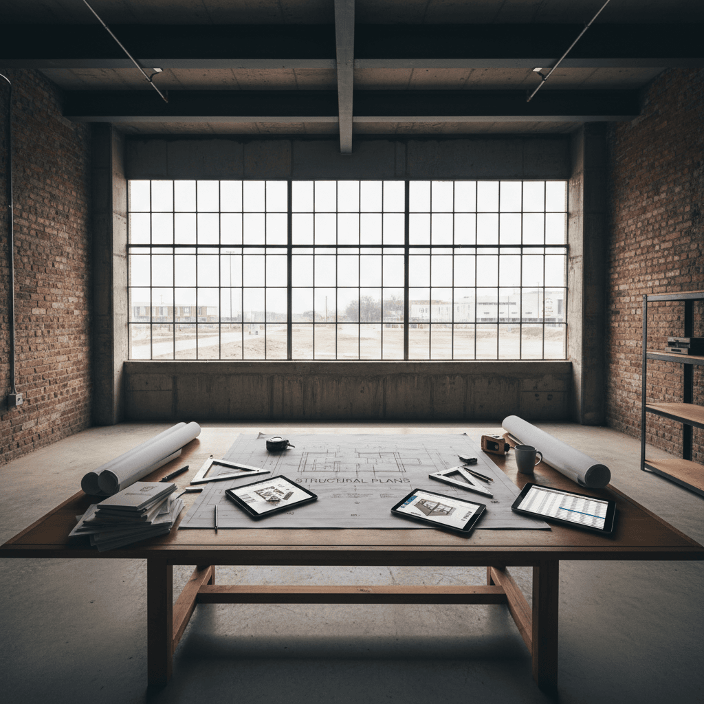 Pre-construction planning documents and site analysis materials on a drafting table