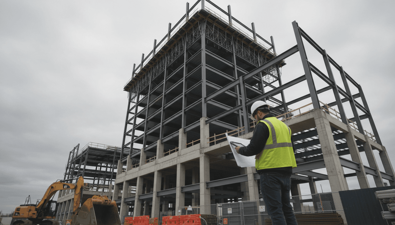 Construction supervisor reviewing plans on a Toronto commercial building site with steel-frame structure in background