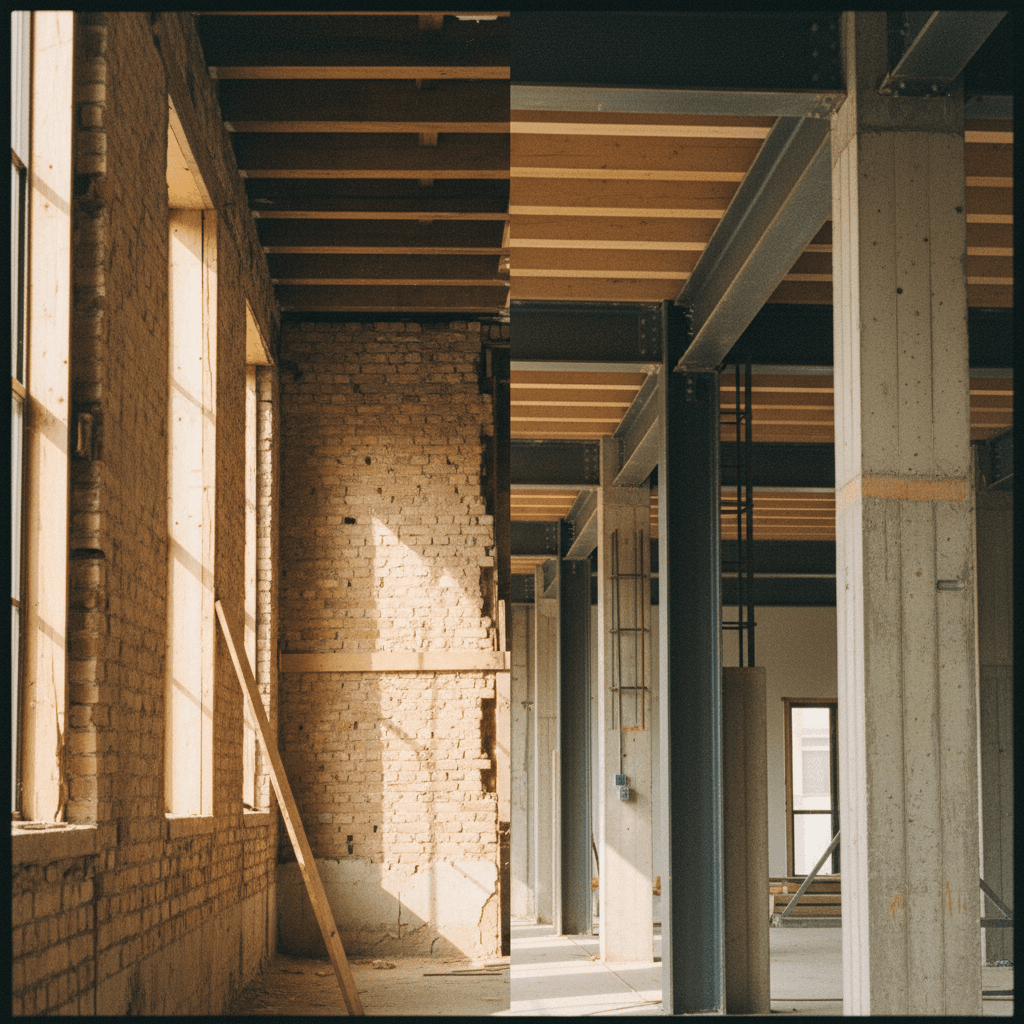 Structural renovation showing original and new construction elements