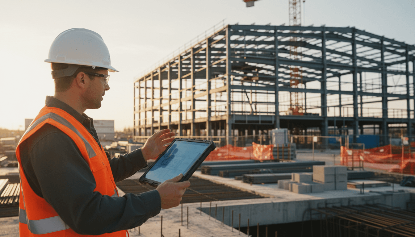 The Original Construction Corp project manager reviewing blueprints on a commercial construction site in Toronto