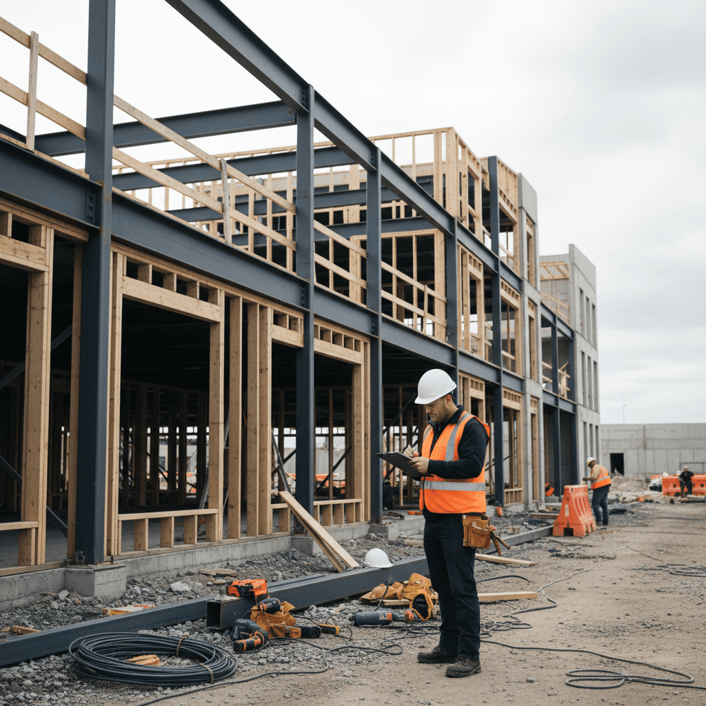 General contractor overseeing active construction site with framing and safety protocols