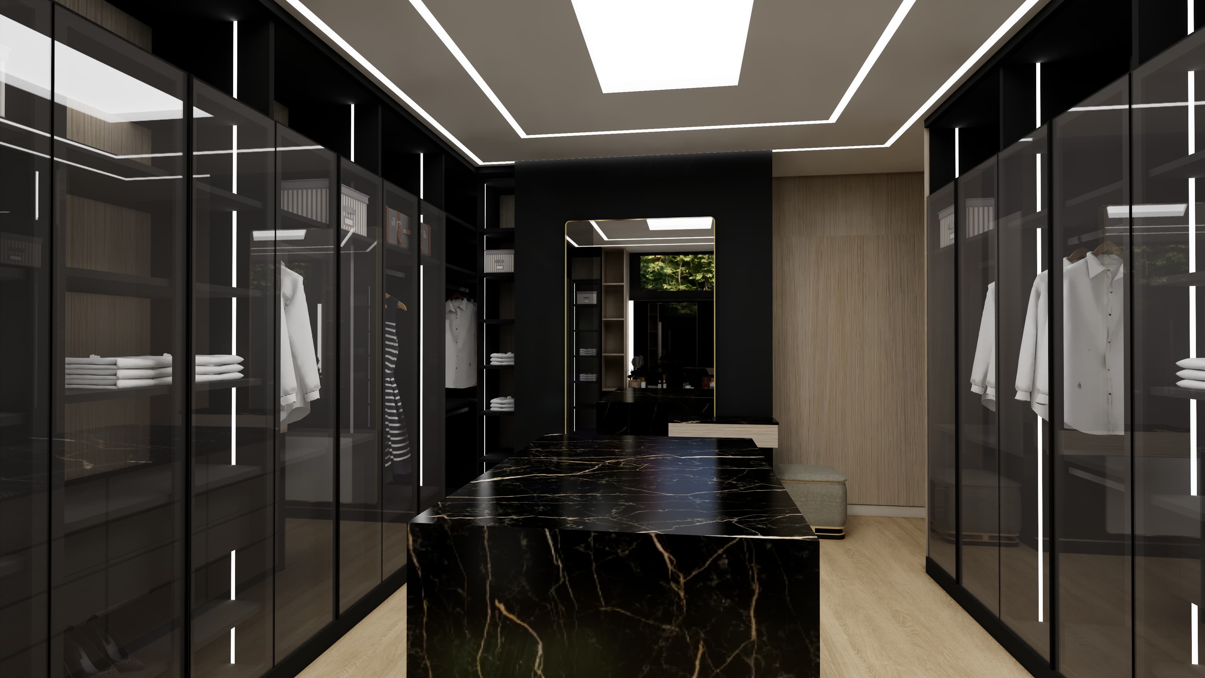 Modern walk-in closet with a black marble island, glass wardrobes, and bright geometric ceiling lighting.