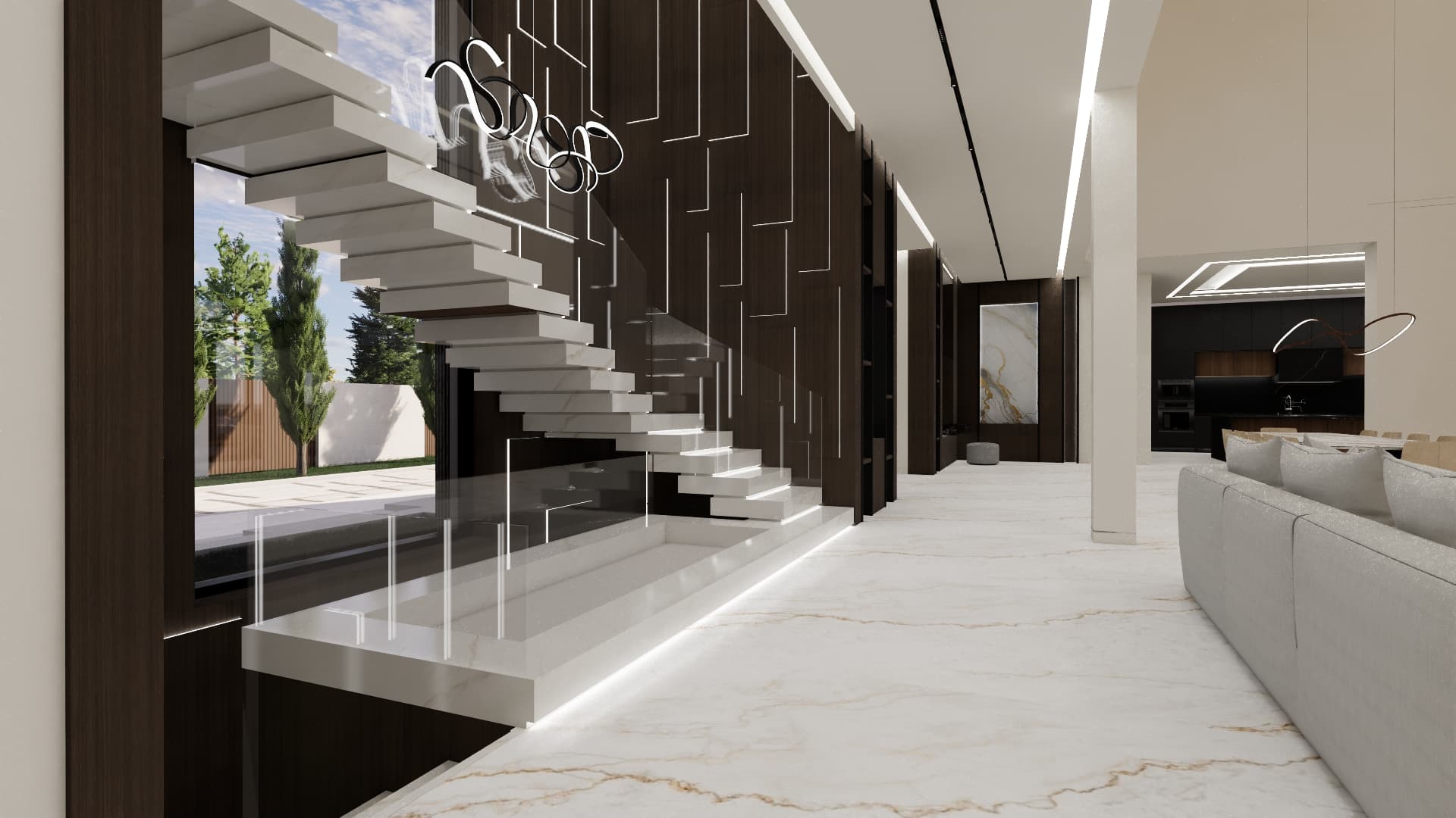 Modern luxury interior featuring a white floating staircase, marble floors, and dark wood paneled walls.