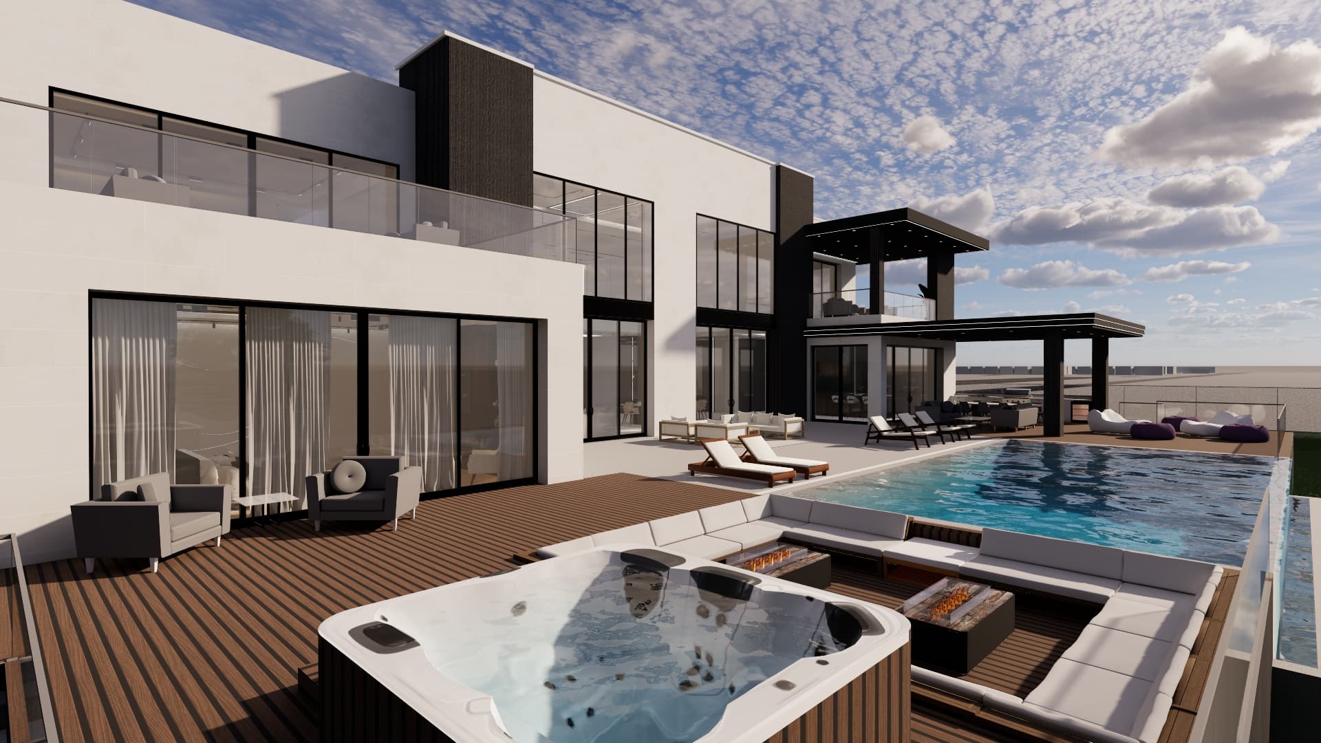 Modern white mansion with a wooden deck, swimming pool, hot tub, and sunken fire pits.