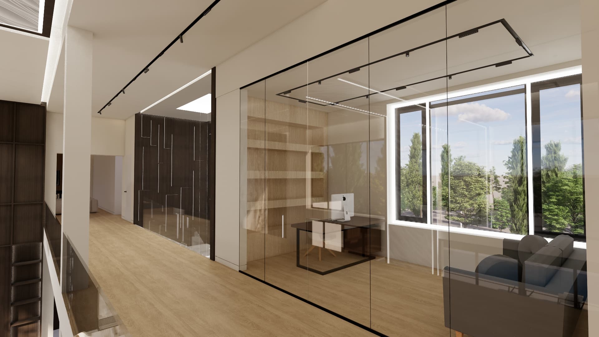 Minimalist office interior with glass walls, light wood floors, and a desk overlooking green trees.