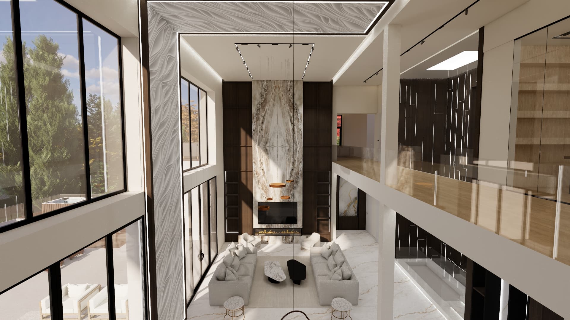 Modern double-height living room featuring a marble fireplace, white sofas, and expansive glass windows.