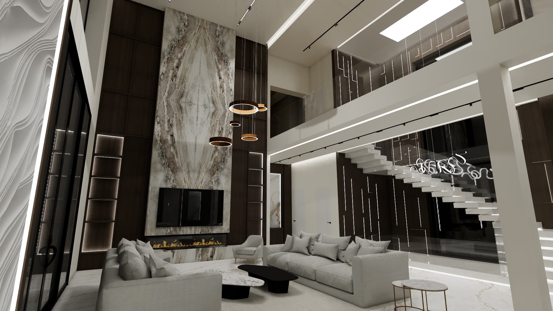 Luxurious living room with a tall marble fireplace, floating staircase, and contemporary grey furniture.