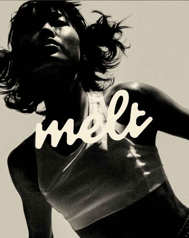 High-contrast, grainy low-angle portrait of a person with the cursive word 'melt' overlaid.