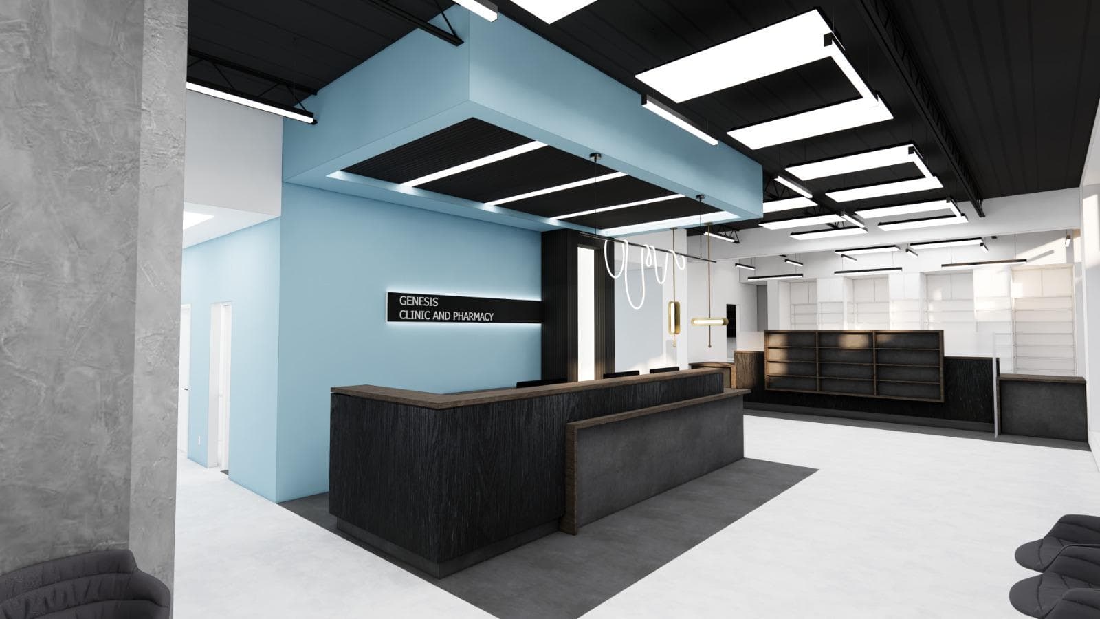 Modern Genesis Clinic and Pharmacy interior with dark wood reception desk and blue walls.